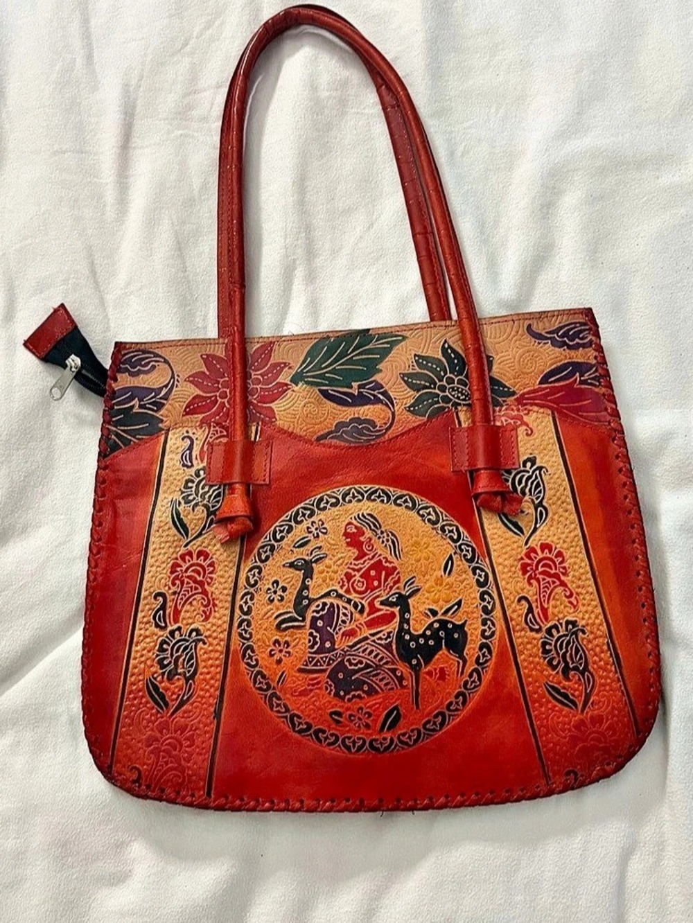 Vintage Hand Tooled Embossed Leather Tote Bag
